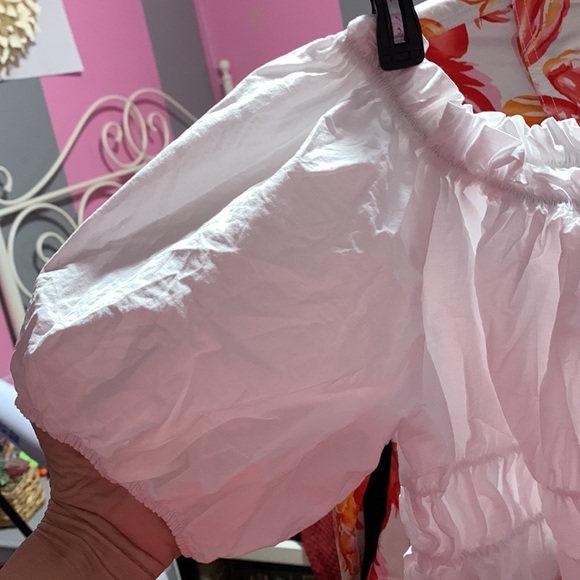 ZARA Womens BALLOON Sleeve Crop Top 3564 102  White 100% Cotton Sz Small Elastic - Picture 3 of 3